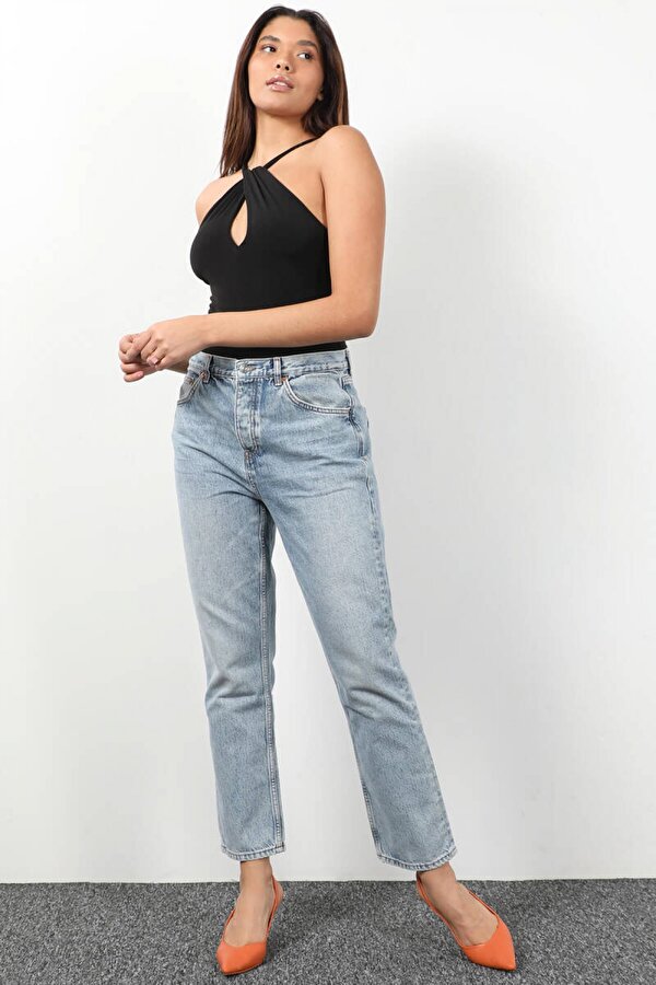 Blue White Kadın Yüksek Bel Düğmeli Straight Fit Jean Pantolon Buz Mavisi