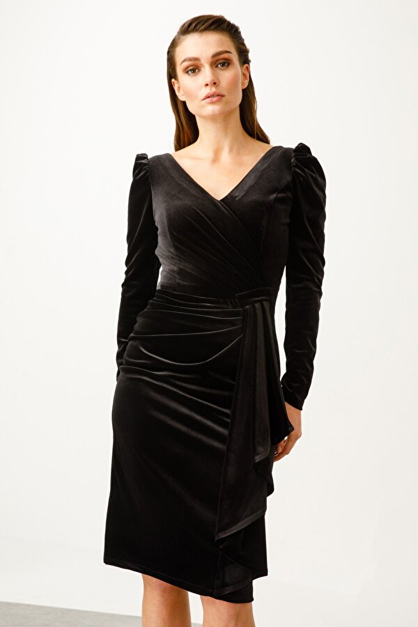 Ekol Kadın Kruvaze Kadife Elbise 4101 Siyah