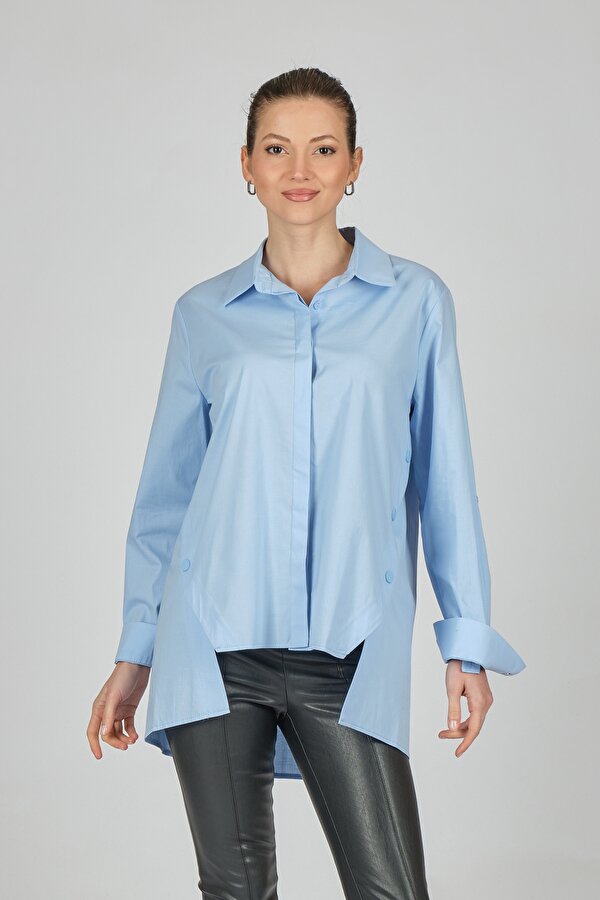 Desen Triko Desen Gömlek Yaka Düğmeli Asimetrik Uzun Kollu Mavi Kadın Gömlek 22222808