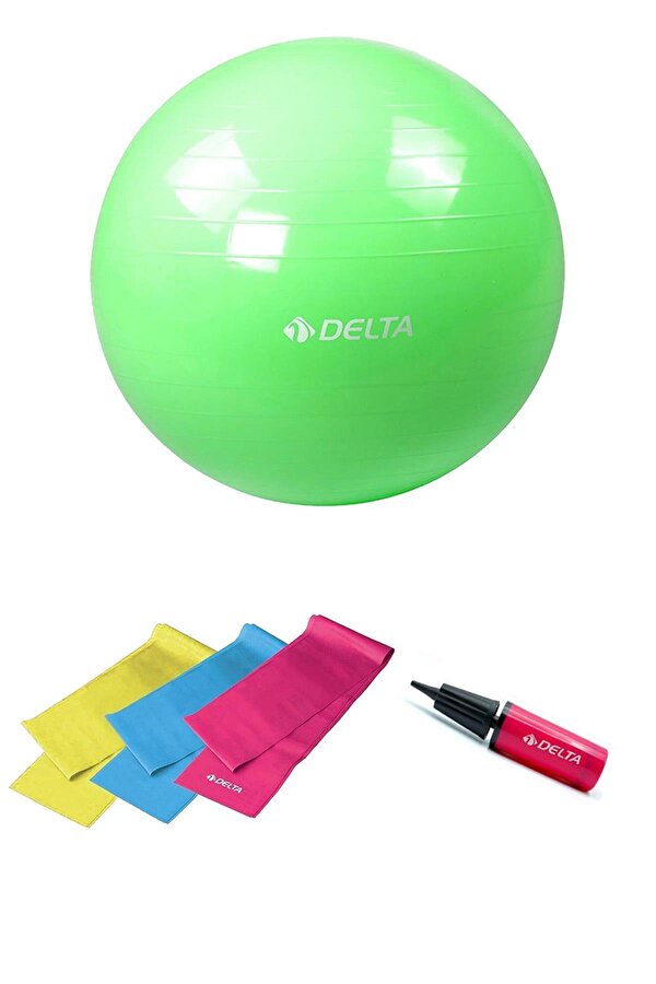 Delta 55 cm Pilates Topu 3'lü Pilates Bandı Egzersiz Direnç Lastiği Pilates Topu Pompası 5'li Set