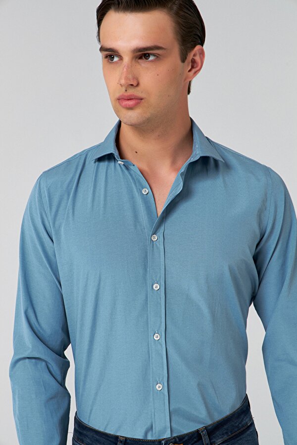 Ds Damat Slim Fit Petrol İtalyan Yaka Gömlek