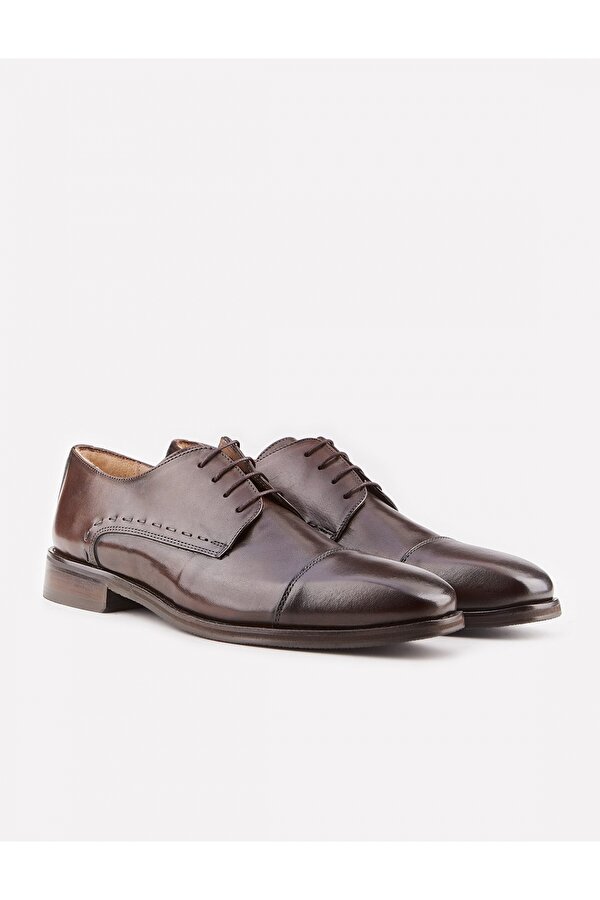 Cabani Hakiki Deri Dikiş Motifli Kahverengi Bağcıklı Erkek Klasik Ayakkabı