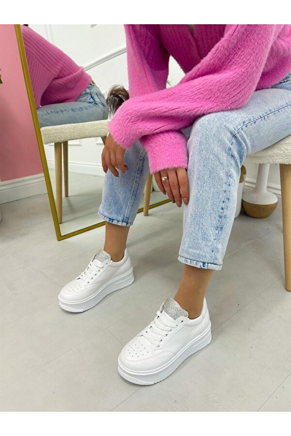 Ervanın Butiği Beyaz Cilt (DailyStone) Taş Detay Kadın Bağcıklı Sneakers