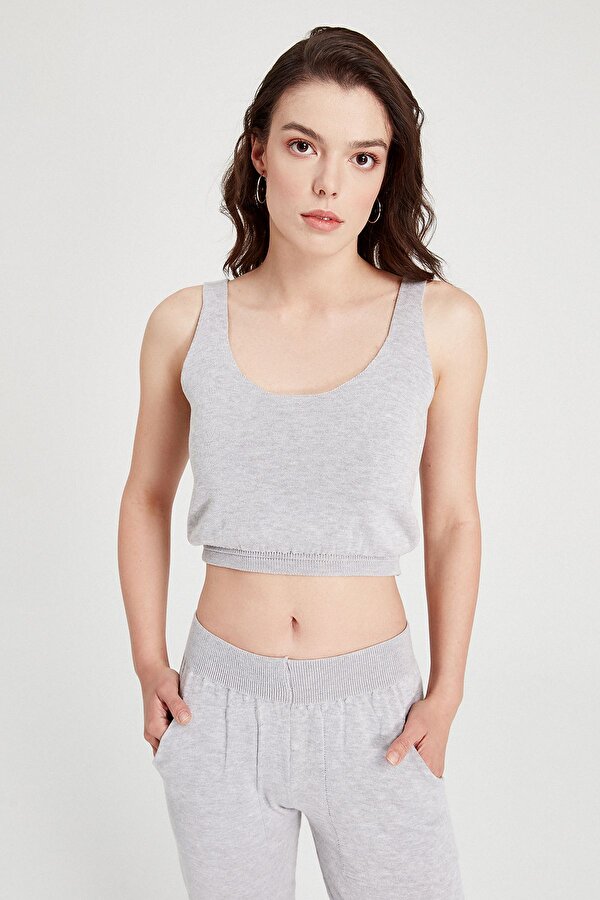 Sherin Kadın Açık Gri Askılı Triko Crop Top SWA4157GR