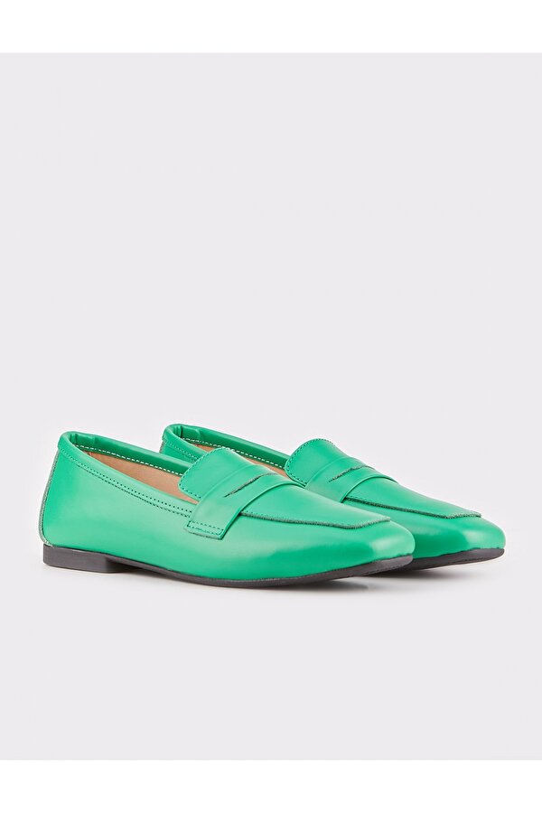 Cabani Hakiki Deri Yeşil Kadın Loafer Ayakkabı