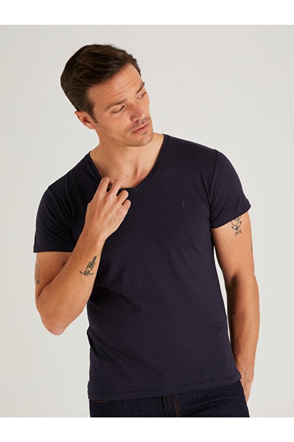 Dufy Lacivert Erkek Slim Fit Tshirt-DU1999041005 SY8124