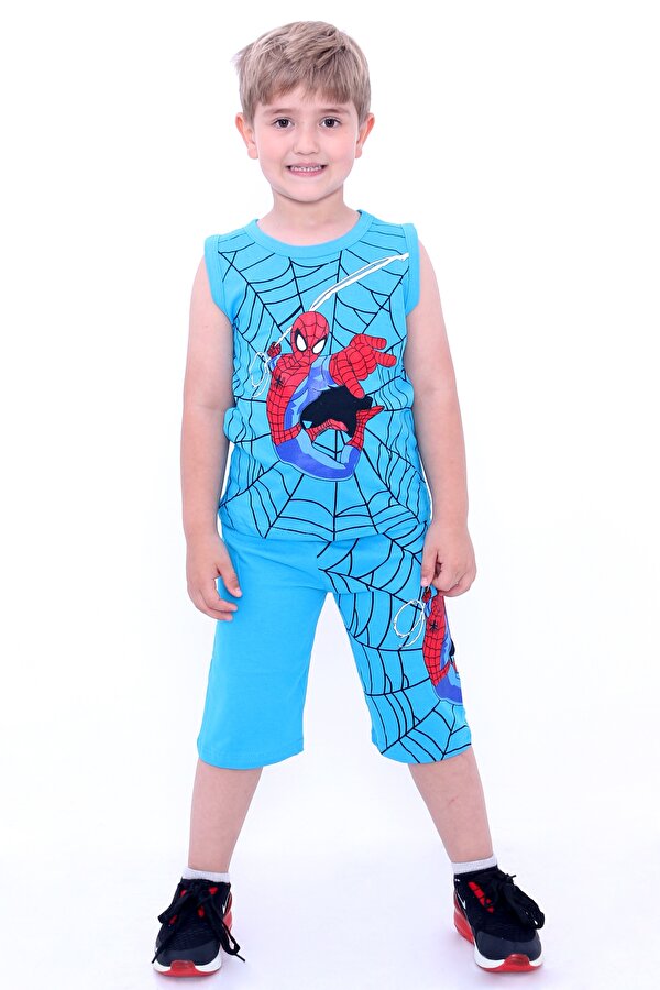 Cansın Mini Erkek Çocuk Mavi Örümcek Baskı 2-9 Yaş Şortlu Takım 4042-2