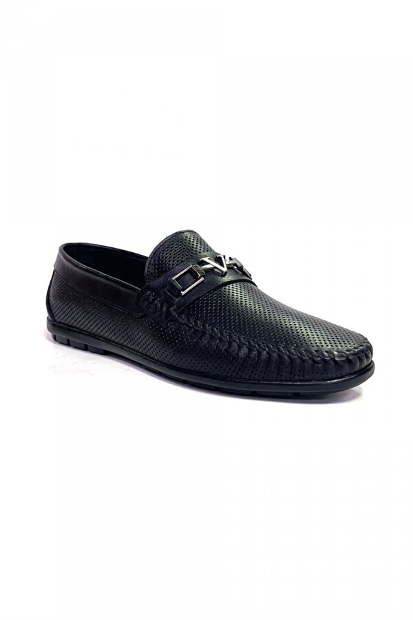 Liger Siyah Lazer Tokalı Hakiki Deri Loafer Erkek Ayakkabı