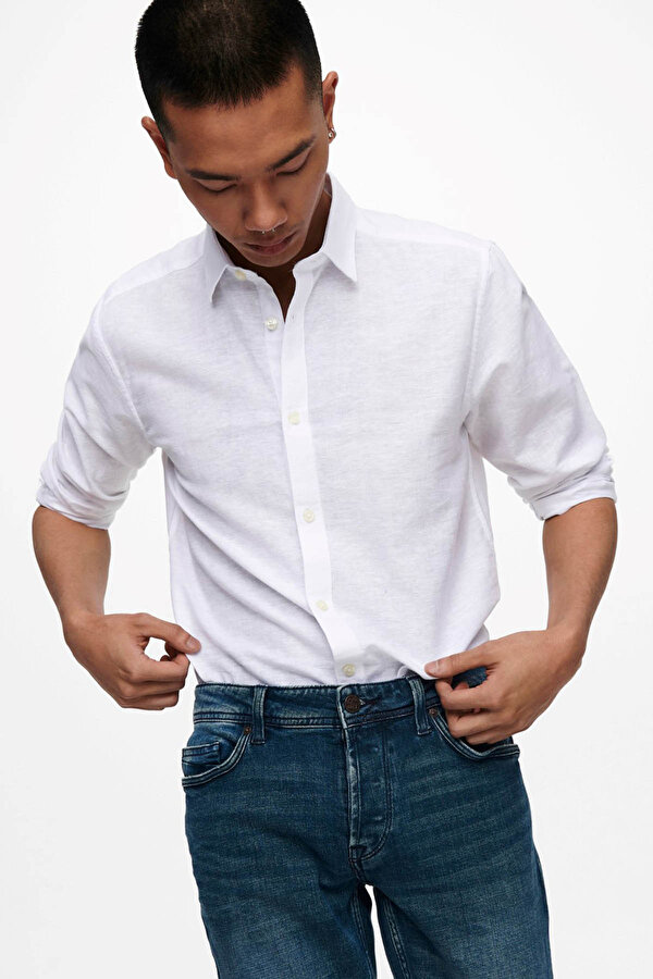 Only&Sons Only & Sons Erkek Onscaiden Slim Fit Keten Gömlek 22012321 Beyaz