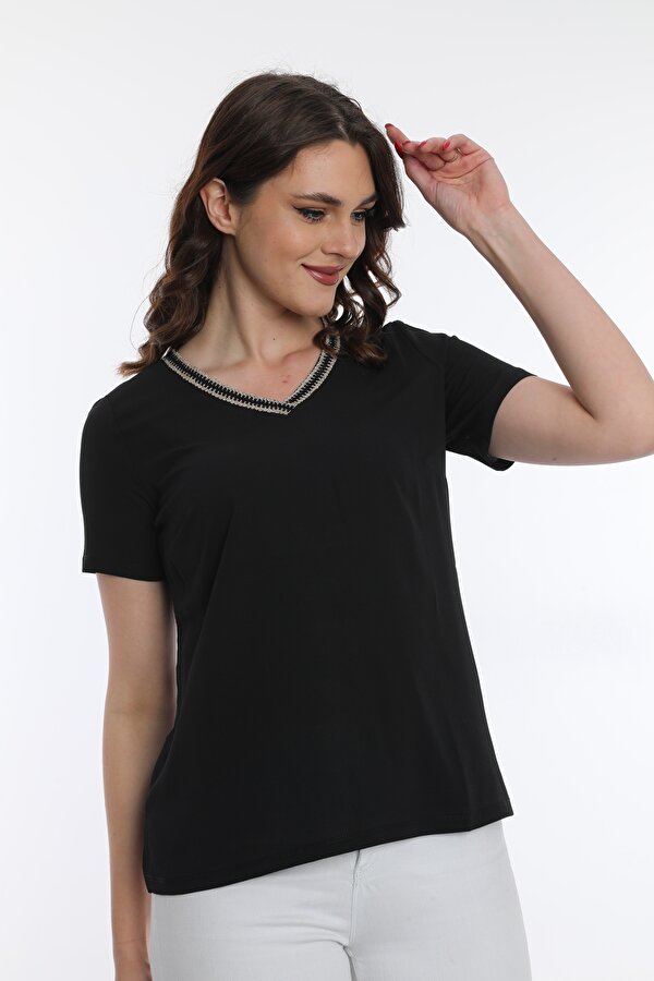 Ella Camelia Kadın Yaka İşlemeli Bluz 9E013 Siyah