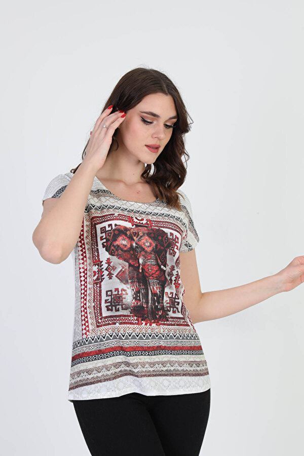 Ella Camelia Kadın Etnik Desenli Bluz 5010071 Ekru