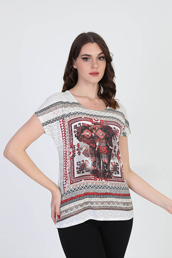 Ella Camelia Kadın Etnik Desenli Bluz 5010071 Ekru