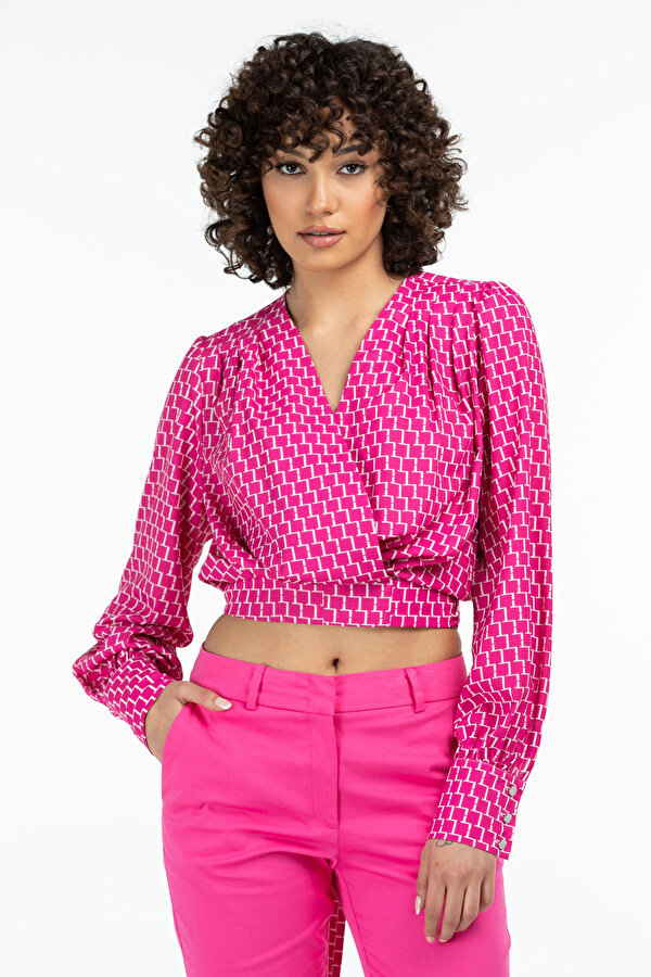 Ekol Kadın Kruvaze Desenli Bluz 5016 Pembe