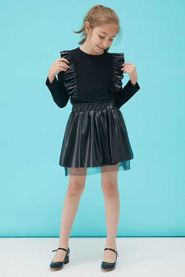 Cansın Mini Deri Etekli Volanlı Bluz Kız Çocuk Takım 15105