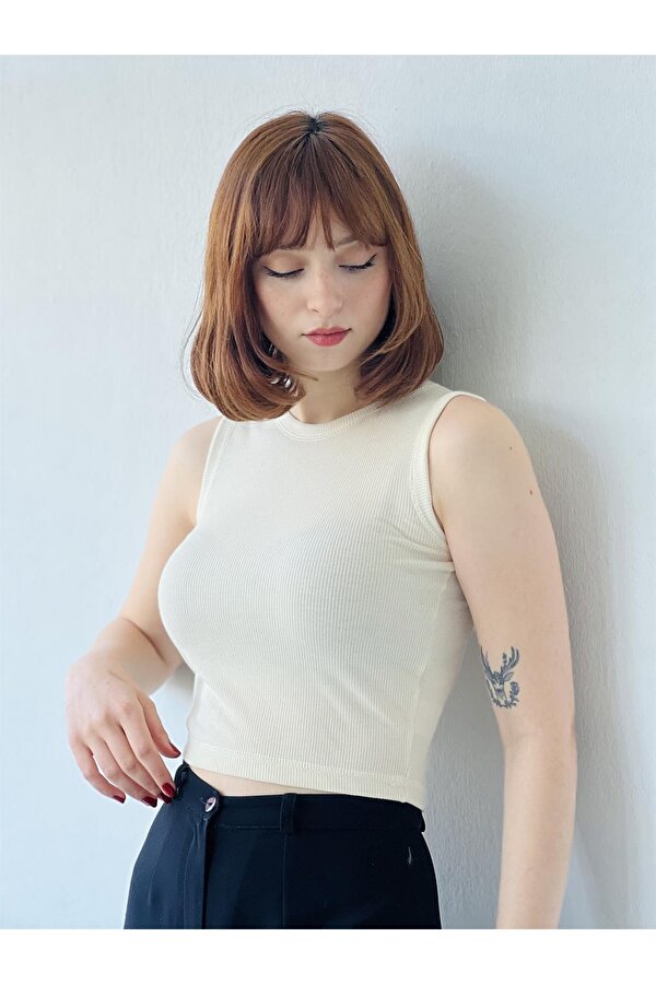 Retrobird Kaşkorse Kumaş Badi Crop Kadın Krem