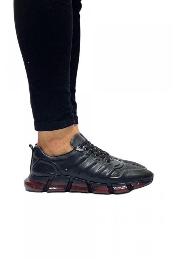Liger %100 İçi Dışı Hakiki Deri Siyah-Kırmızı Ortopedik Özel Köpük Taban Erkek Snekaer Ayakkabı
