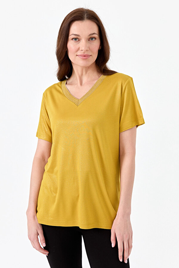 Desen Triko Kadın V Yaka Çizgili Penye T-Shirt 23453 Sarı