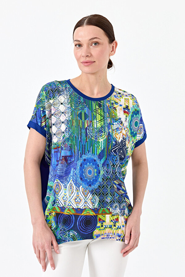 Desen Triko Kadın Sıfır Yaka Önü Desenli Penye T-Shirt 23712 Saks