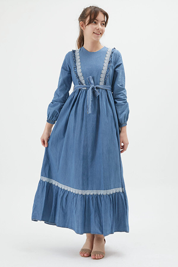 Cansın Mini Açık Mavi Dantel Detaylı Kuşaklı Kız Çocuk Kot Elbise 15215