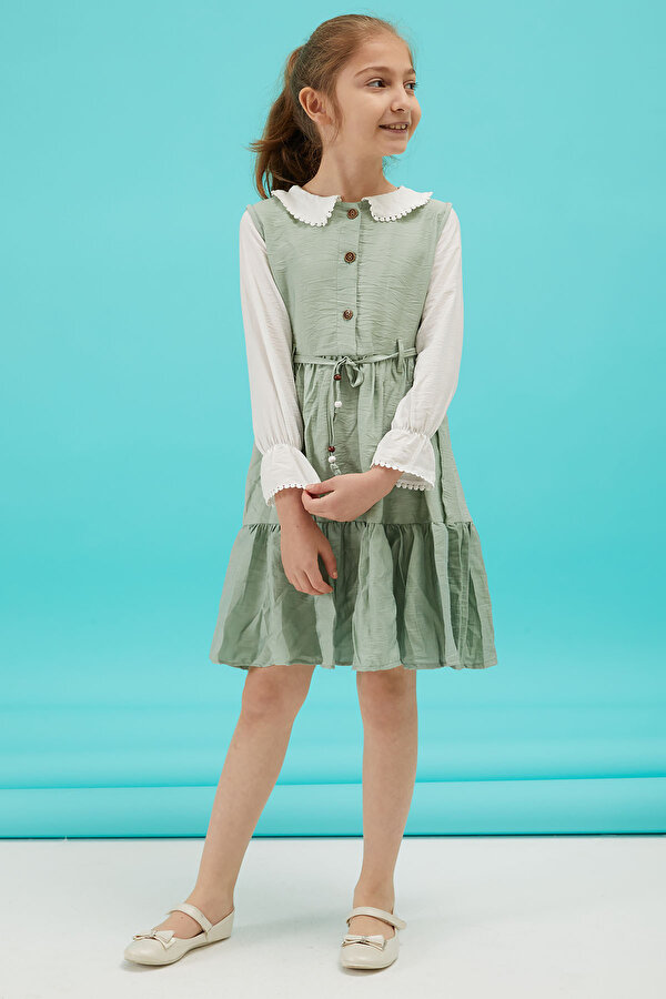 Cansın Mini Mint Kız Çocuk Kuşaklı Dantel Yaka Elbise 15180