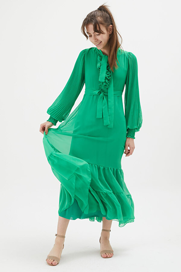 Cansın Mini Yeşil Yakası Kuşaklı Kız Şifon Elbise 15205