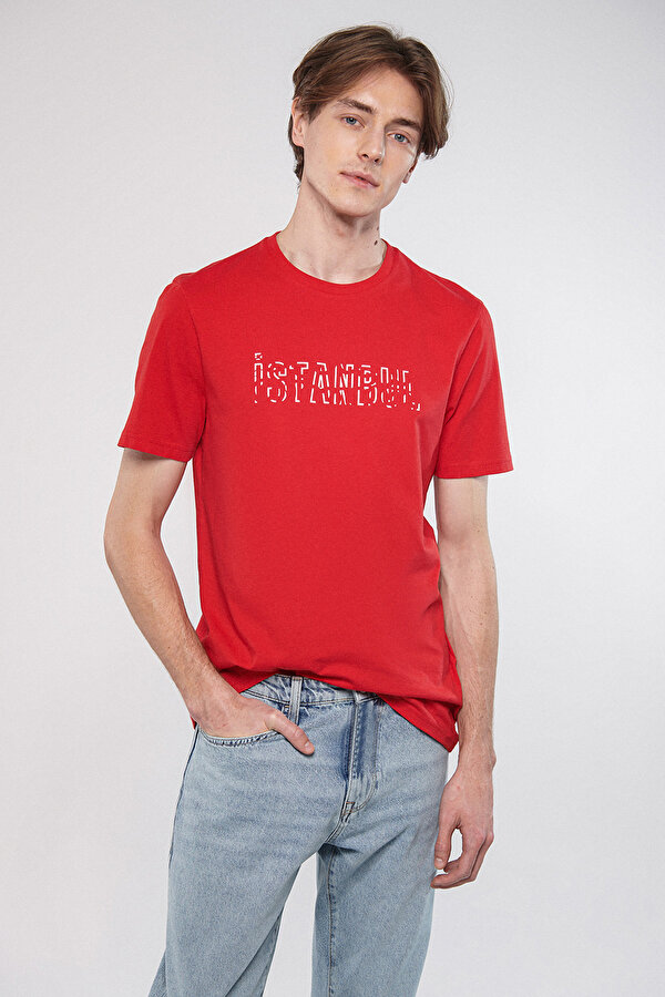 Mavi İSTANBUL BASKILI TİŞÖRT Kırmızı Erkek Kısa Kol T-Shirt