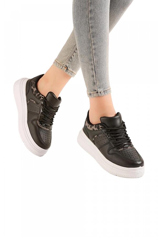 Liger Ortopedik Rahat Taban Kadın Spor Ayakkabı Siyah-Beyaz Leopar Sneaker