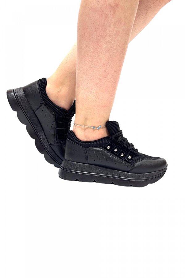 Liger Yüksek Rahat Taban Kadın Spor Ayakkabı İnci Detaylı Sneaker Siyah
