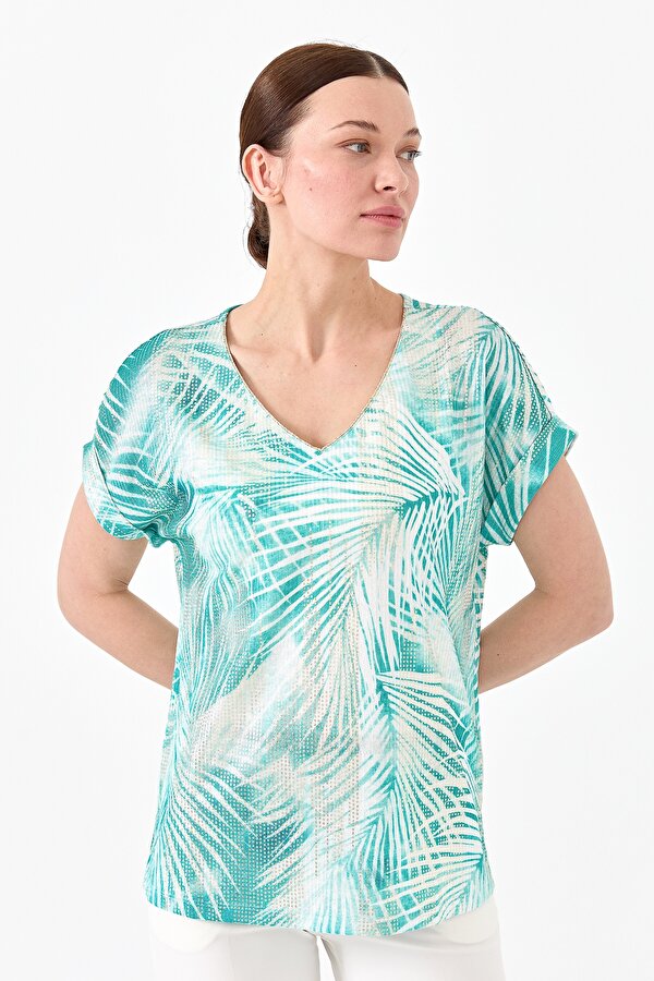 Desen Triko Kadın V Yaka Parlak Kumaş Penye T-Shirt 23460 Yeşil