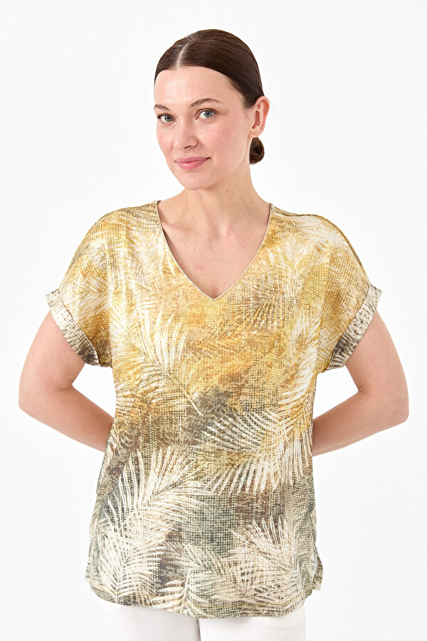 Desen Triko Kadın V Yaka Parlak Kumaş Penye T-Shirt 23460 Hardal