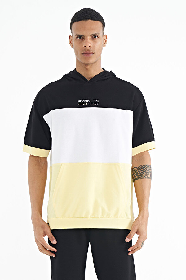 Tommy Life Sarı Kapüşonlu Baskı Detaylı Oversize Erkek T-Shirt - 88191