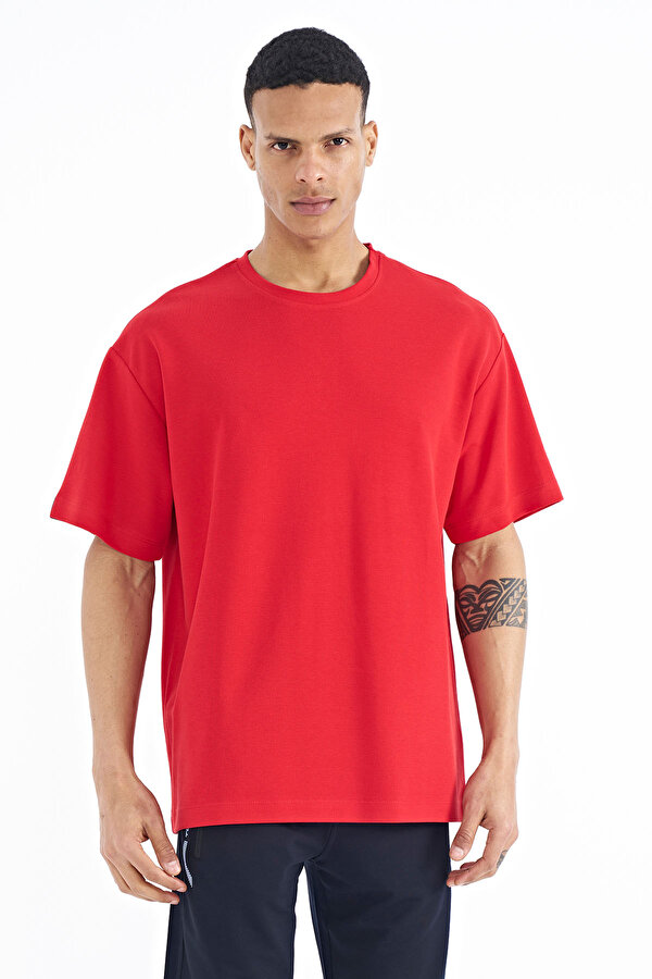 Tommy Life Kırmızı Kol Arma Detaylı Basic Oversize Erkek T-Shirt - 88193