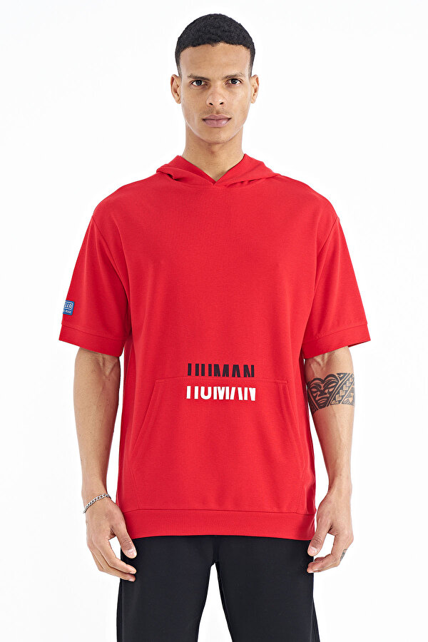 Tommy Life Kırmızı Kanguru Cepli Yazı Nakışlı Kapüşonlu Erkek T-Shirt - 88195