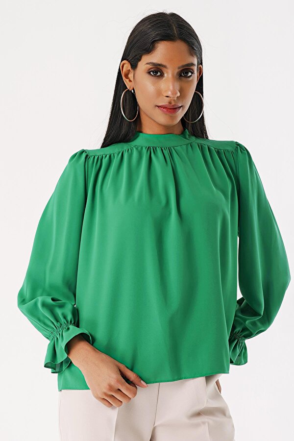 Butik Buruç Kadın Yeşil Dik Yaka Kolu Lastikli Şifon Bluz Butik Buruç Kadın Yeşil Dik Yaka Kolu Lastikli Şifon Bluz