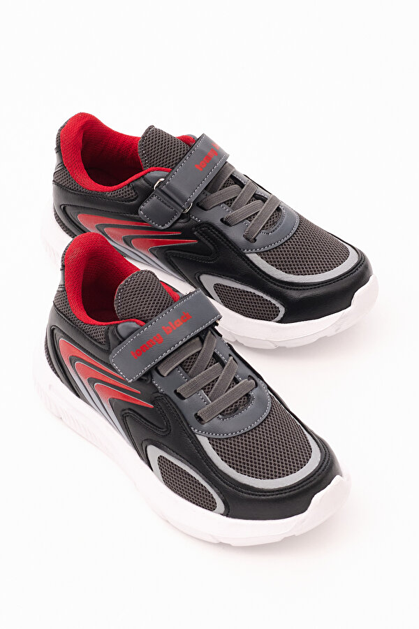 Tonny Black Çocuk Unisex Siyah Kırmızı Rahat Kalıp Fileli Lastik Bağcıklı Cırtlı Spor Ayakkabı