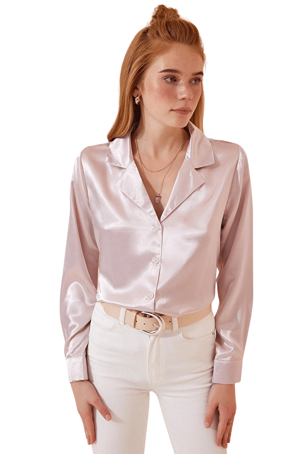 Butik Buruç Kadın Pudra Ceket Yaka Saten Gömlek
