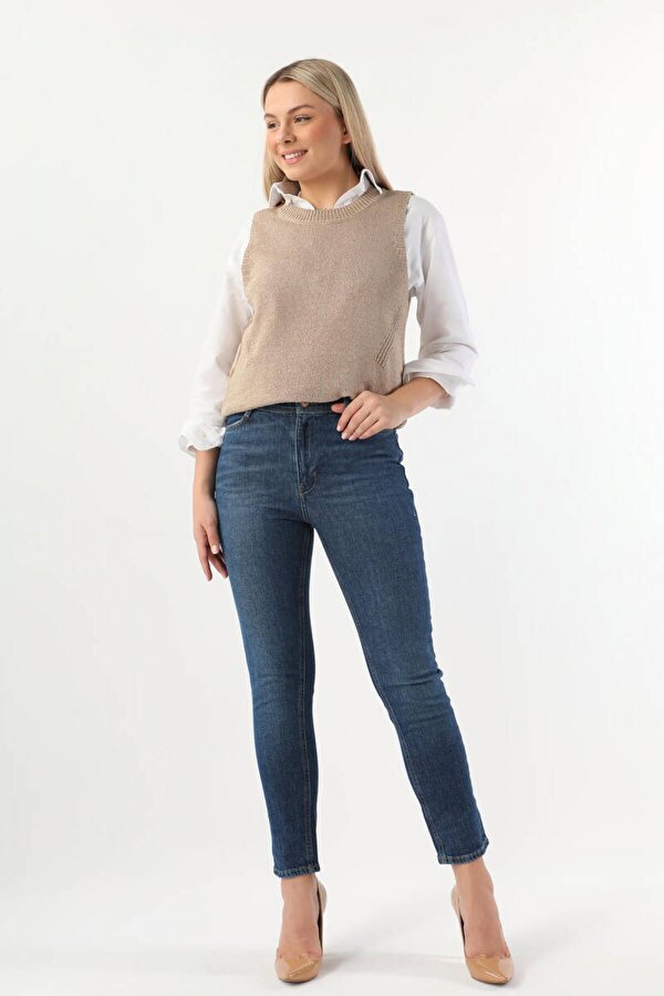 Blue White Kadın Yüksek Bel Çift Düğmeli Straight Fit Jean Pantolon Mavi