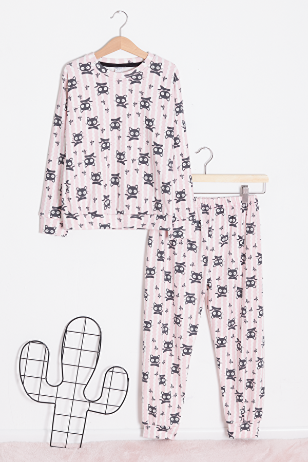 Cansın Mini Kız Çocuk Kedi Desenli Pijama Takımı 14632