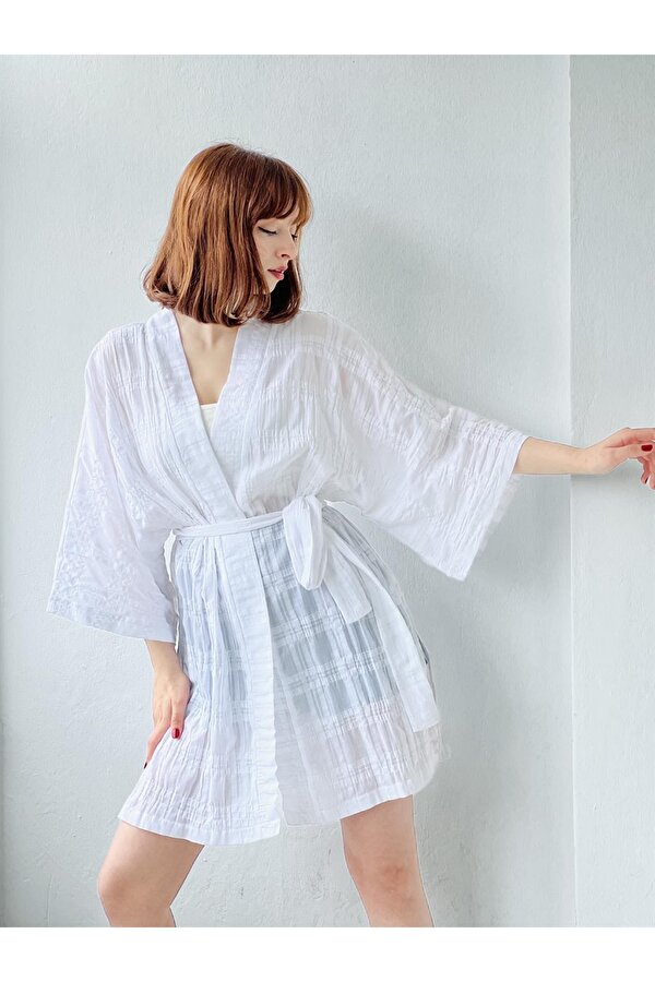 Retrobird Organik Kumaş Marin Koleksiyonu Kimono Kadın Beyaz