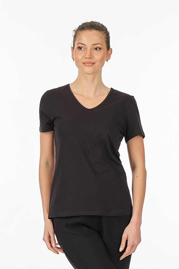 Vedi V Yaka Siyah Kadın T-Shirt 2311001