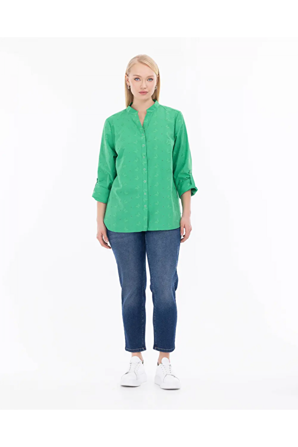 Gala-xi Büyük Beden Katlanabilir Kol Yeşil Kadın Gömlek 23112201006