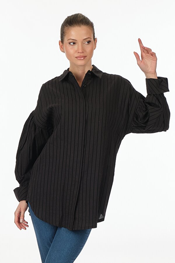 Unique Mode Sırt Detaylı Uzun Kollu Siyah Kadın Gömlek US237003
