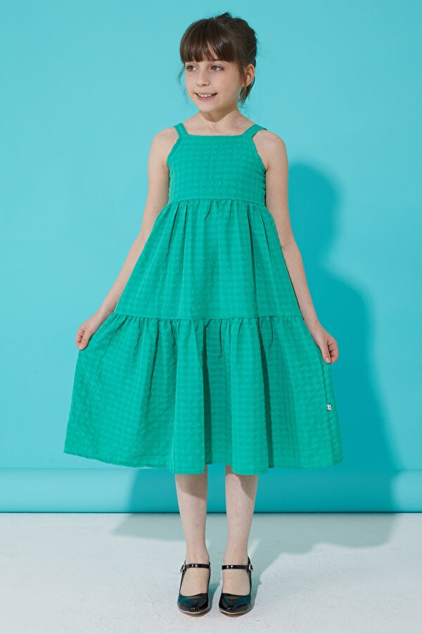 Cansın Mini Yeşil Desenli Kız Çocuk Askılı Elbise 15301