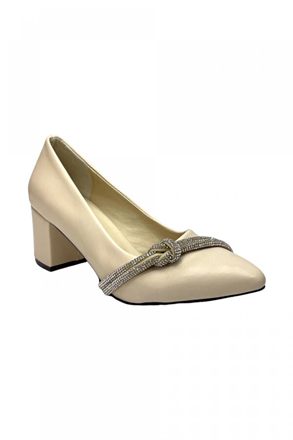 Liger Taş Detaylı Klasik Topuklu Ayakkabı Krem 6 Cm