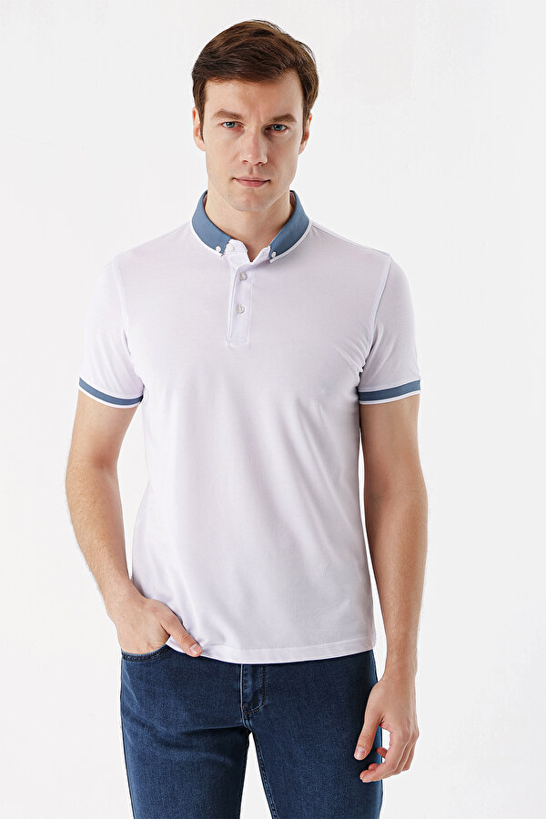 Morven Erkek Beyaz Oxford Pike Düğmeli Yaka Düz Desen Dynamic Fit T-Shirt