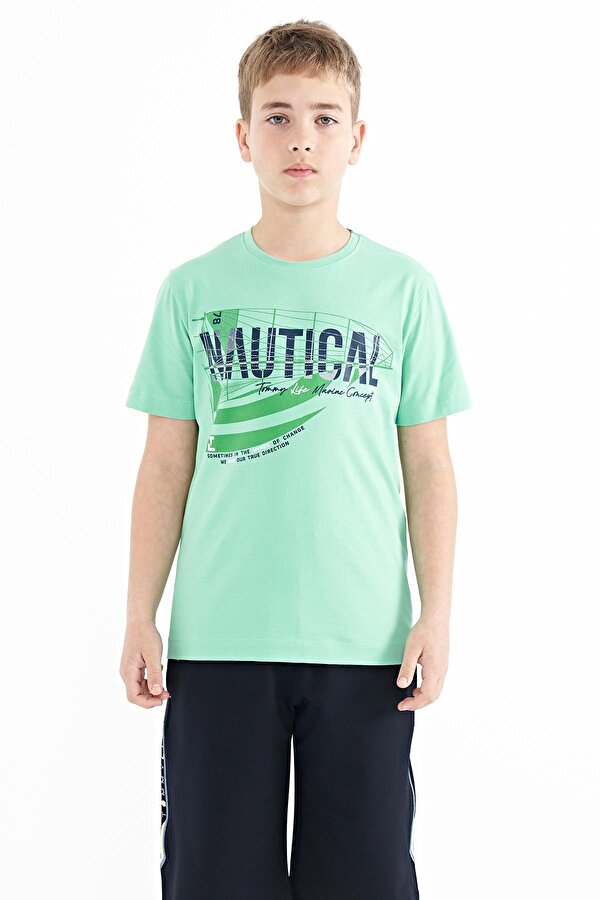 Tommy Life Su Yeşili Yazı Baskılı O Yaka Standart Kalıp Erkek Çocuk T-Shirt - 11100
