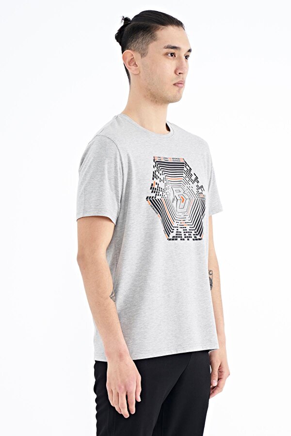 Tommy Life Gri Melanj Desen Baskılı Standart Kalıp Erkek T-Shirt - 88231 IV9873