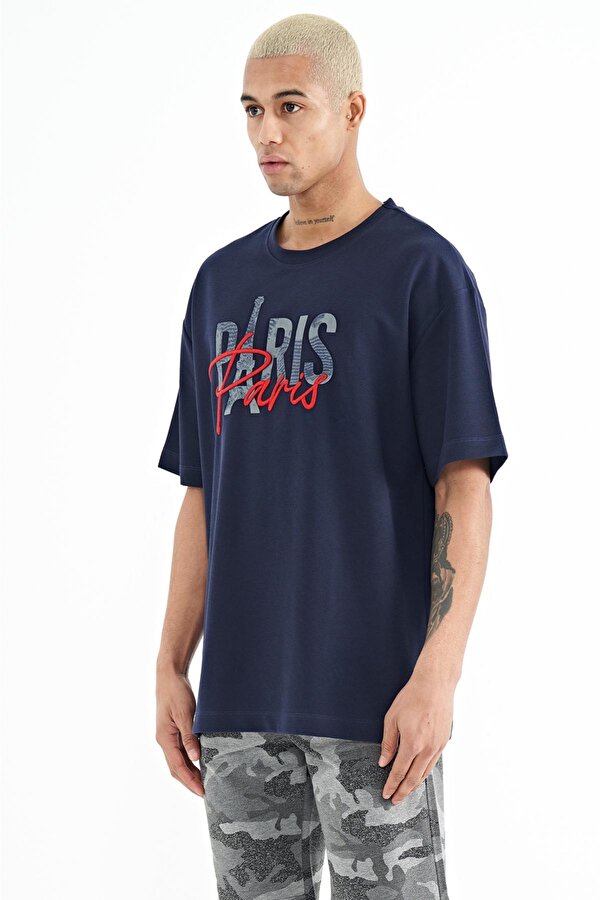 Tommy Life İndigo Yazı Nakışlı O Yaka Oversize Erkek T-Shirt - 88223 IV9247