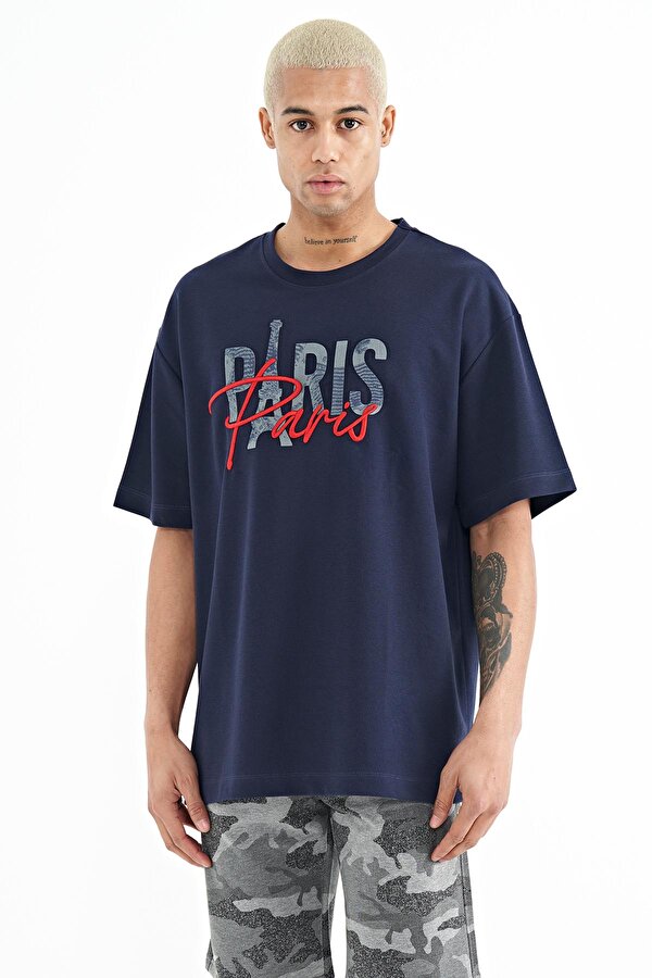 Tommy Life İndigo Yazı Nakışlı O Yaka Oversize Erkek T-Shirt - 88223 IV9247