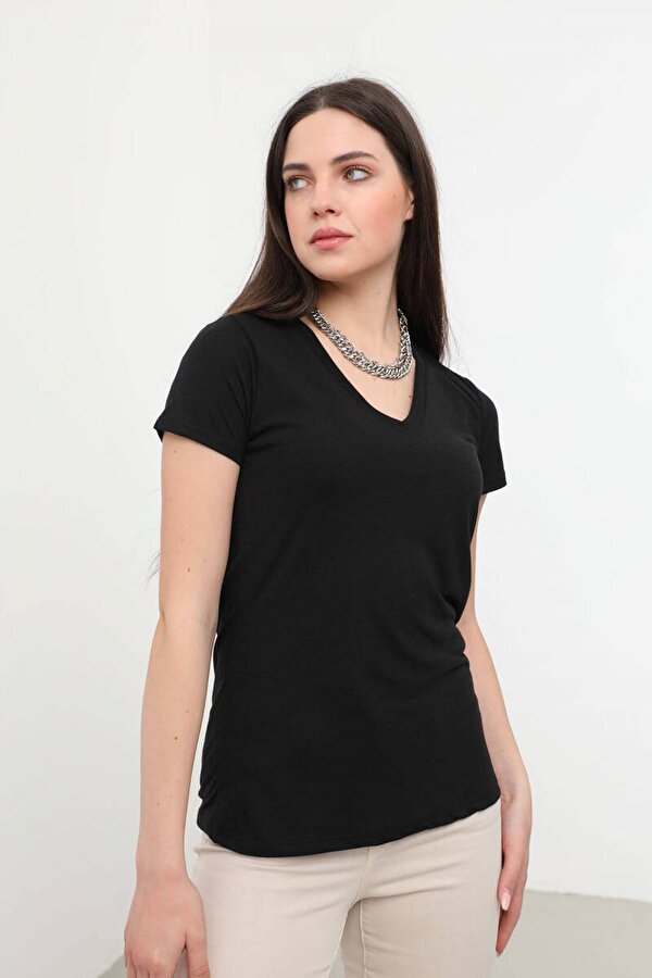Markapia Woman Kadın V Yaka Basic T-Shirt Siyah